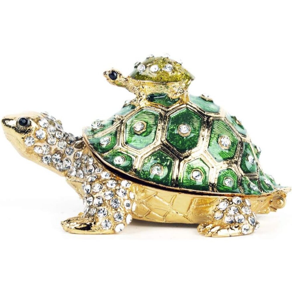 Crystals Bejeweled Turtle Trinket Box Hinged Enameled Mother-Child Tortoise Anim